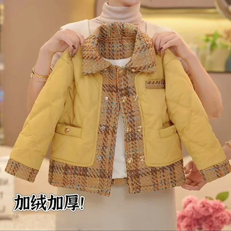 女童冬季加绒夹棉韩版上衣2024新款中大童小香风休闲保暖棉衣外套