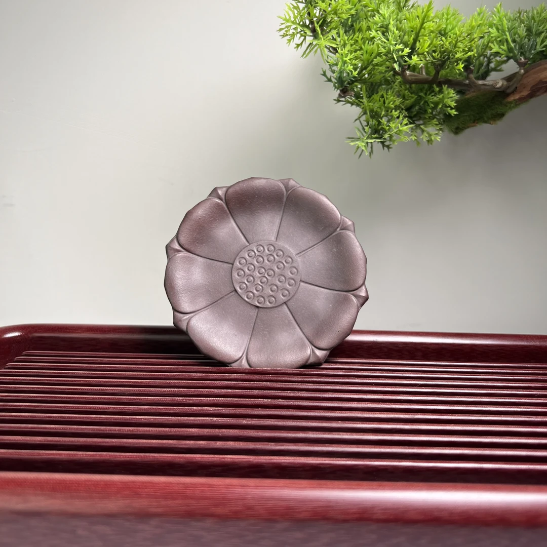 原矿《莲花杯垫》古红泥紫砂干泡台精美雕花直径10cm
