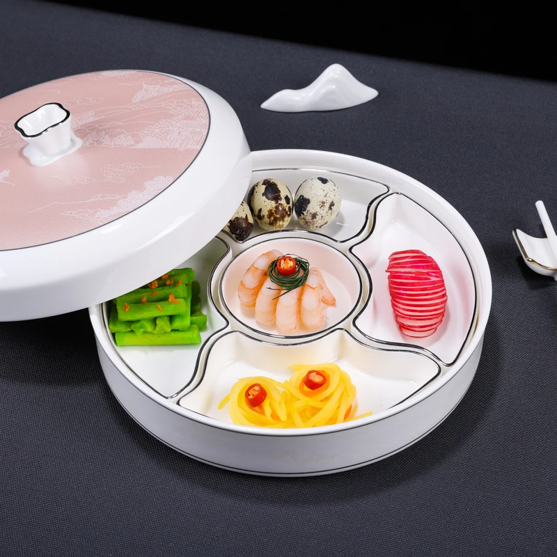 五果盒套装新中式会所陶瓷餐具精致分隔果盘冷菜凉菜五格拼盘食盒