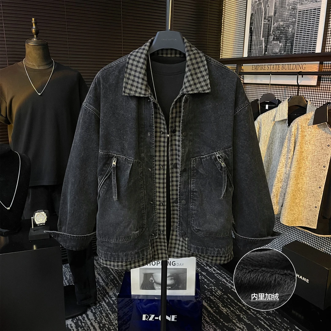 冬季男士高定设计复古假两件格子拼接牛仔内里加绒翻领夹克外套
