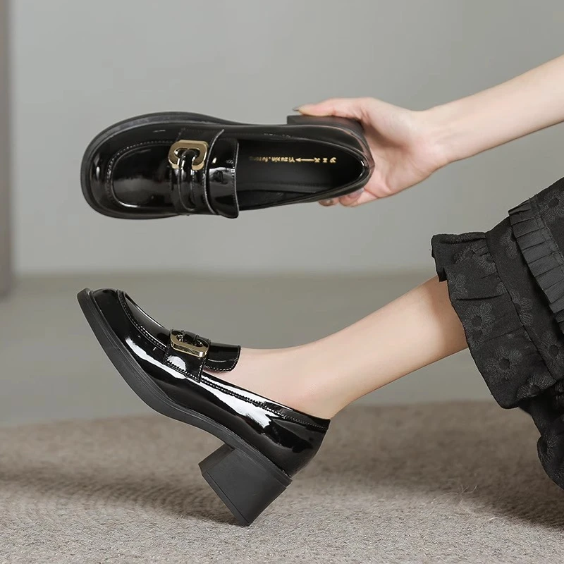 小皮鞋女高跟英伦风2024春新款舒适软底单鞋百搭粗跟不累脚乐福鞋