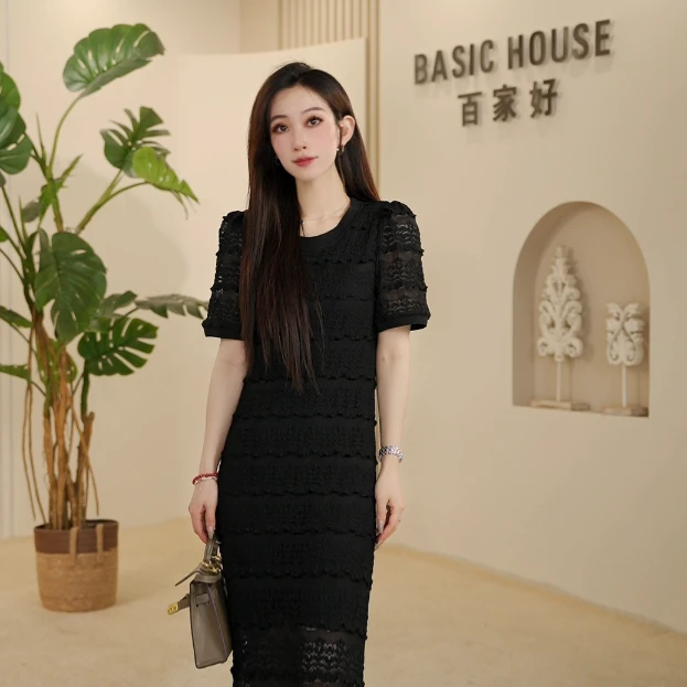Basic House/百家好时尚轻奢气质夏季莫奈花园风蕾丝连衣裙451