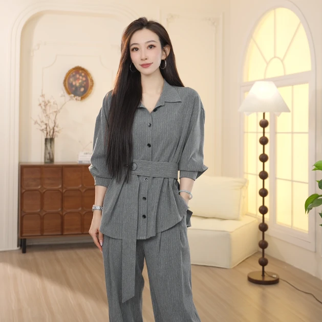 Basic House/百家好2025款春季设计师气质风感波粒系带收腰套装