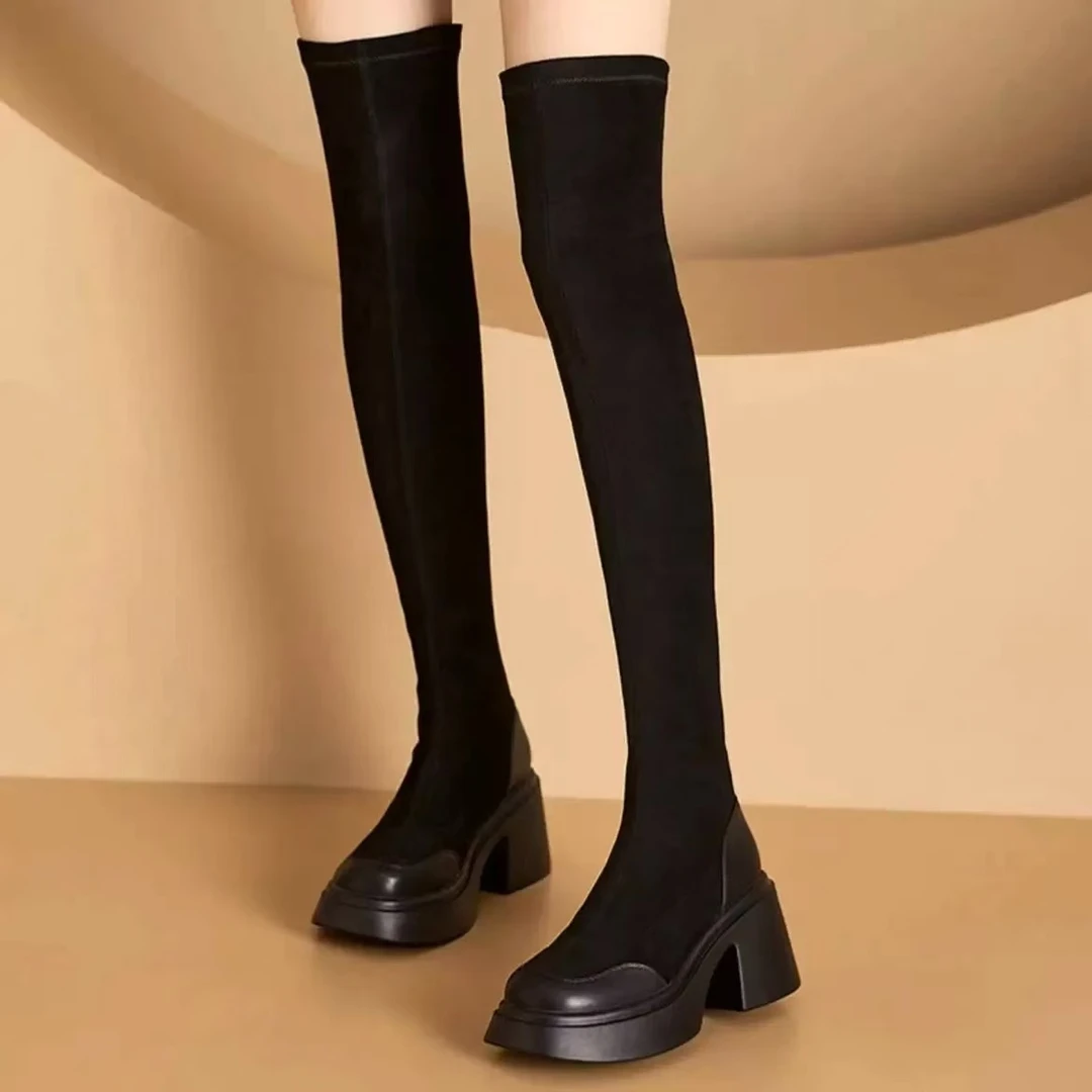 【非直播间勿拍】圆头粗跟套筒绒面弹力厚底韩风过膝高跟显瘦长靴