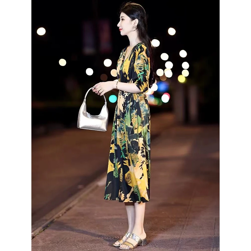 Q54大牌连衣裙女夏季新款贵夫人气质妈妈v领裙子1