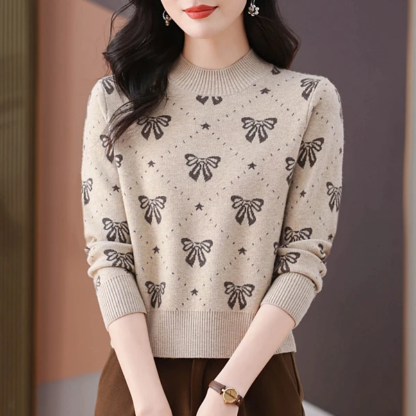 洋气高腰提花2025冬季新款毛衣女高档上衣爆款套头长袖针织打底衫