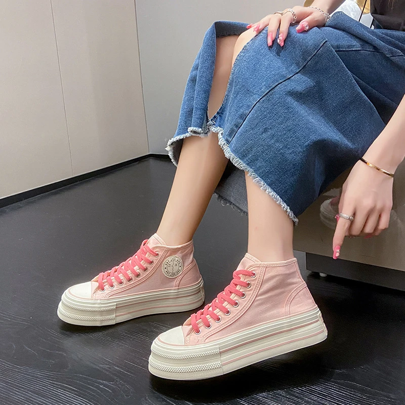 帆布鞋女2024秋季新款小个子厚底高帮鞋芒果头软底休闲小白鞋中帮