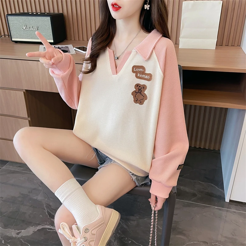 华夫格哺乳上衣春秋季小个子POLO领长袖产后宽松外出短款喂奶卫衣
