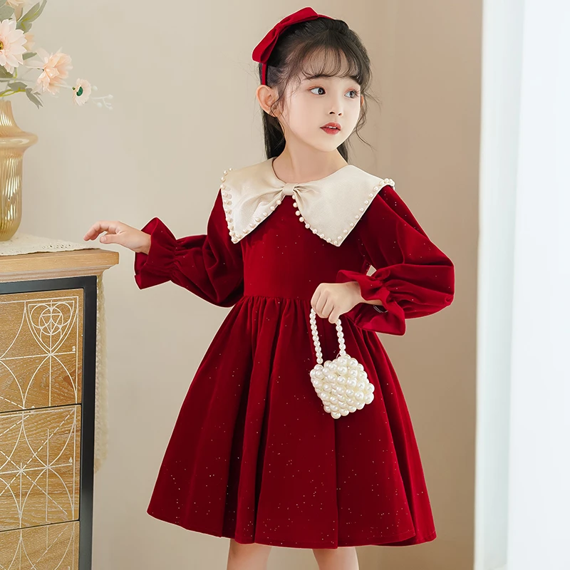 女童2025春装连衣裙儿童洋气公主裙小女孩花童婚礼主持人红色裙子