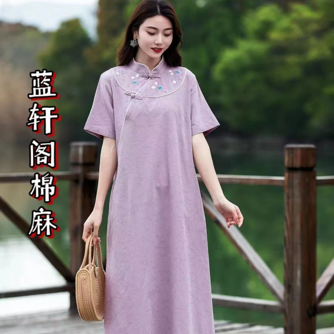 春夏新款亚麻提花斜边盘口改良刺绣旗袍