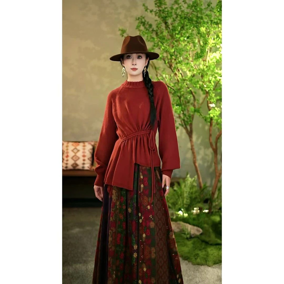 【陶子】*-绵羊毛复古文艺风毛衣不规则抽绳收腰款上衣302071