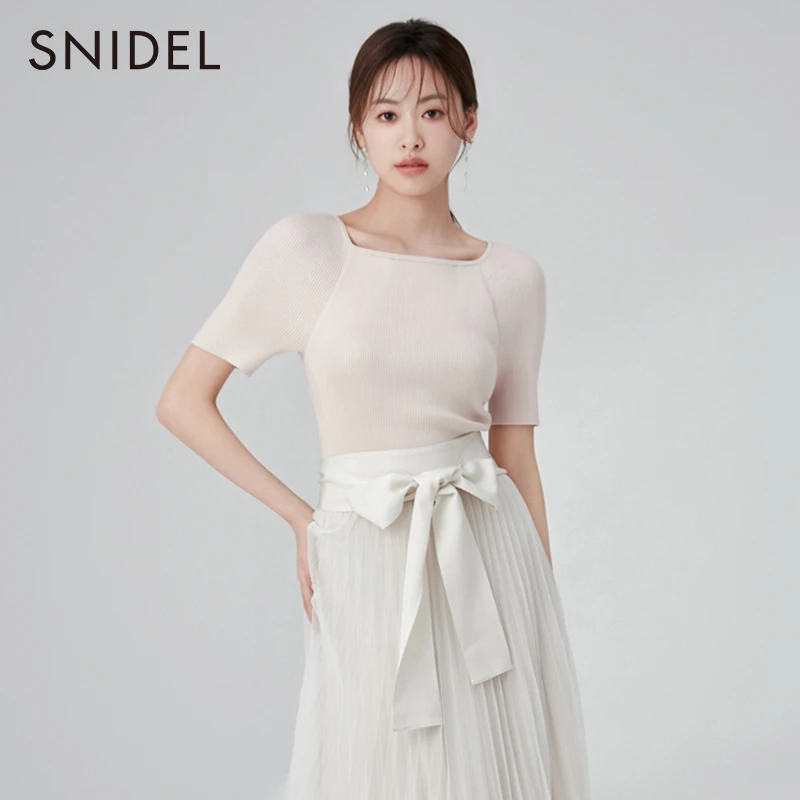 SNIDEL春夏新品简约百搭方领修身蝴蝶结系带露背针织衫SWNT232117