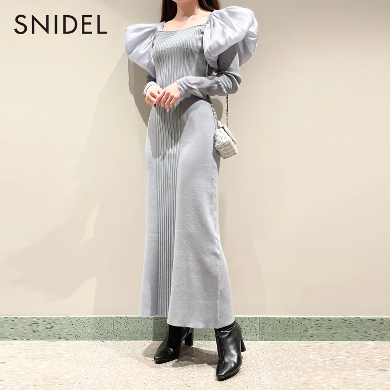 SNIDEL新品法式立体泡泡袖罗纹针织修身连衣裙SWNO235049
