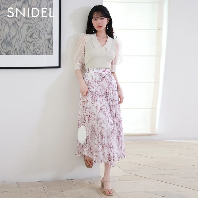 SNIDEL春夏款甜美风淑女印花高腰显瘦不规则百褶半身裙SWFS232132