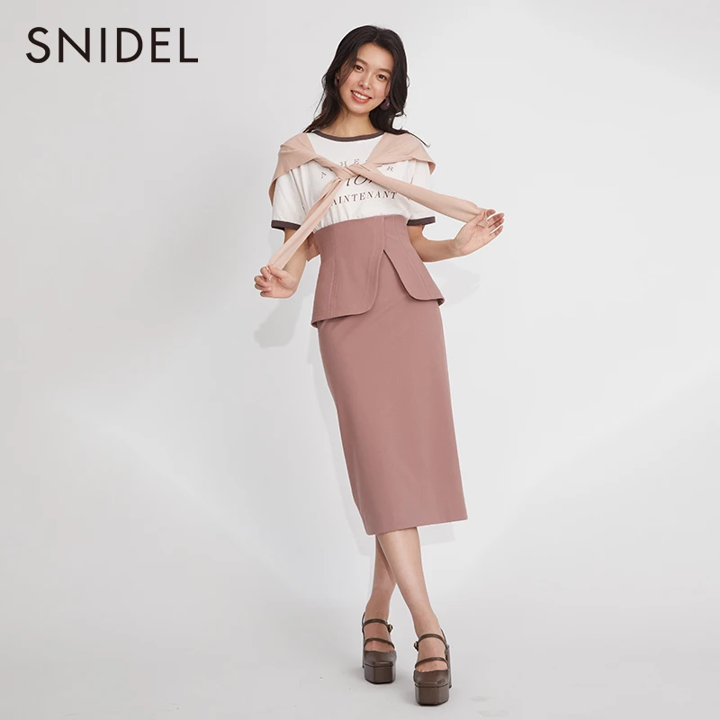 SNIDEL早春新品优雅纯色格纹荷叶边开叉包臀显瘦半身裙SWFS231172