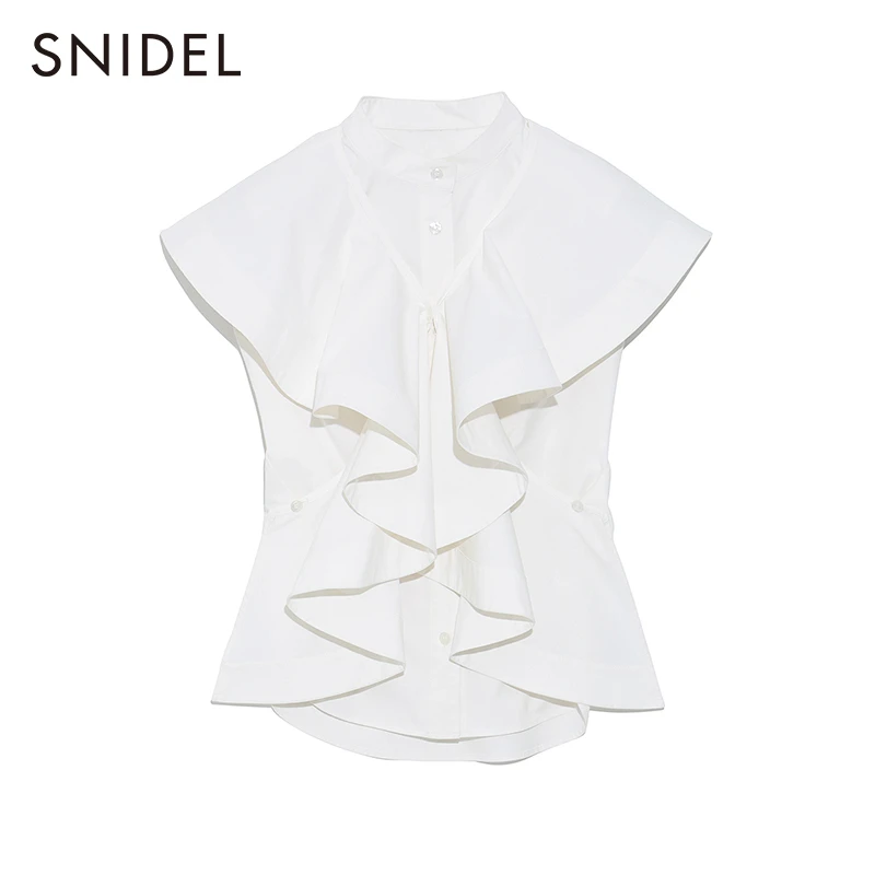 SNIDEL时尚春夏新品优雅纯色可拆卸荷叶边立领棉衬衫SWFB222070