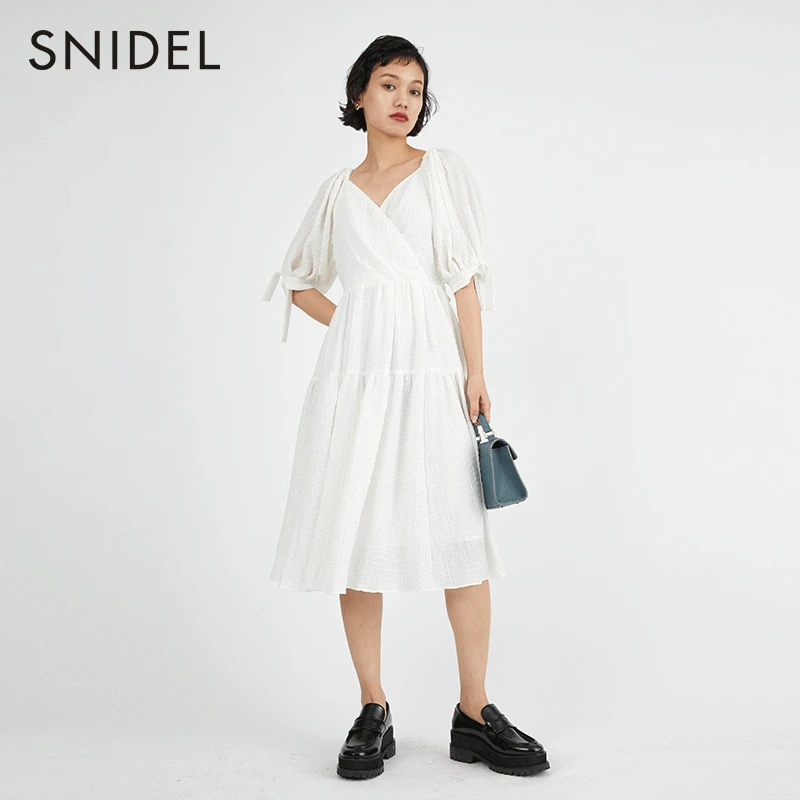 SNIDEL夏季甜美淑女高腰粗花呢系带蛋糕连衣裙尤莱特SWFO221204