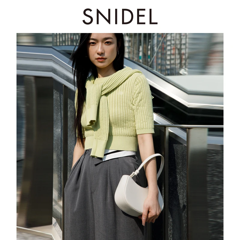 SNIDEL2024新品罗纹时尚短款圆领针织开衫两件套装SWNT241178