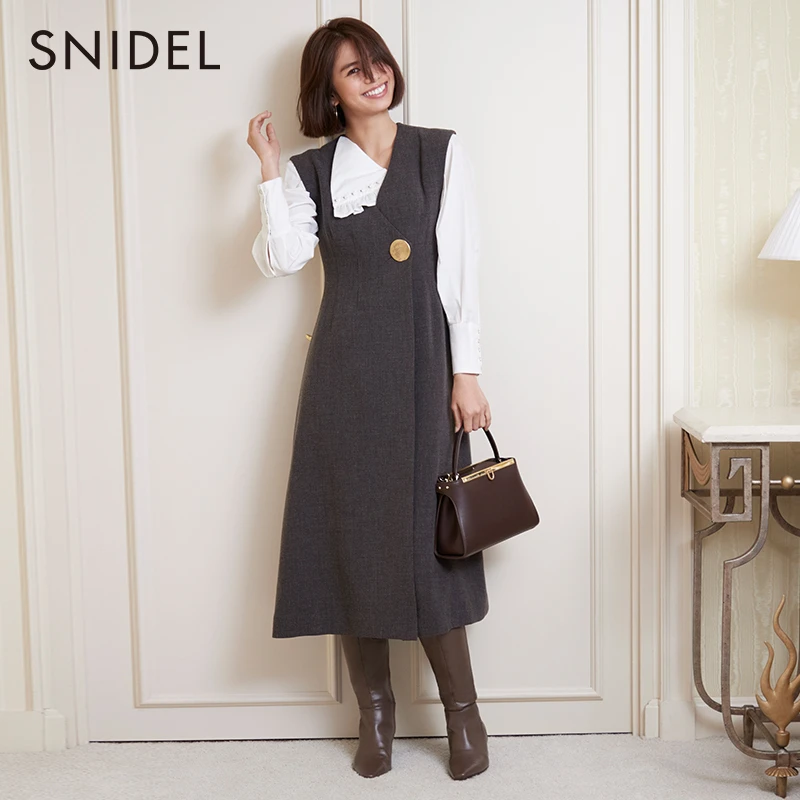 SNIDEL2022秋冬新品时髦气质纯色粗花呢V领无袖连衣裙SWFO225146