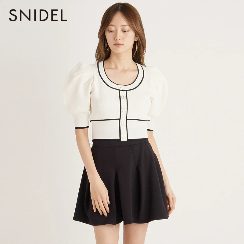 SNIDEL春夏新品甜美优雅纯色圆领露腰短款泡泡袖针织衫SWNT231164