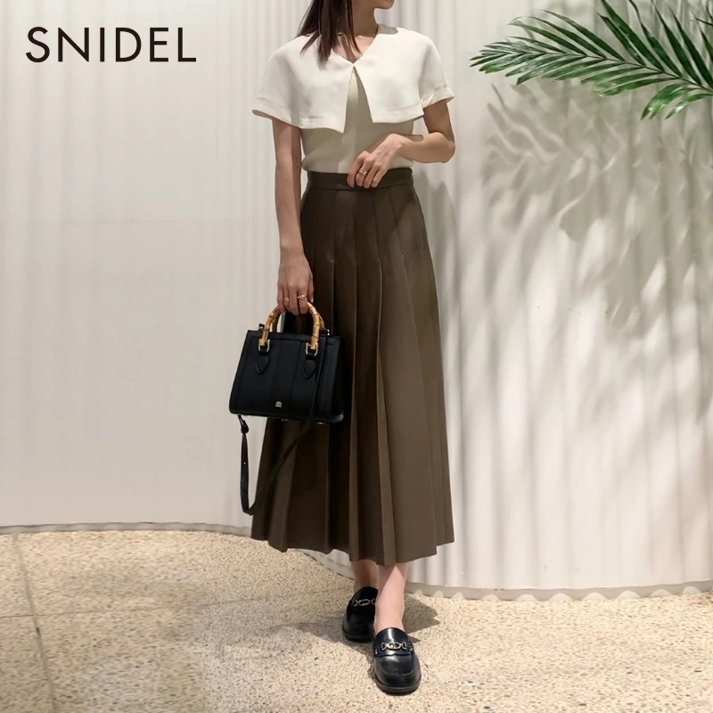 SNIDEL早新品优雅淑女纯色仿皮高腰百褶半身裙SWFS224191