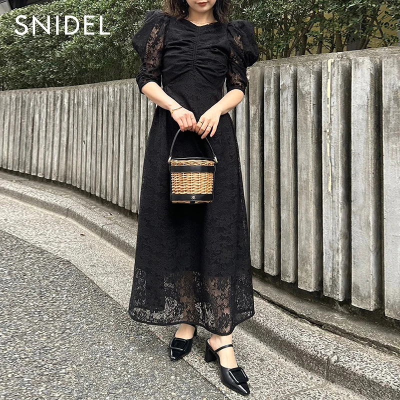 SNIDEL春夏新品法式蕾丝露背绑带显瘦泡泡袖提花连衣裙SWFO232151