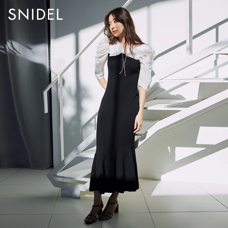 SNIDEL荷叶边泡泡袖法式气质收腰针织鱼尾款连衣裙SWNO231113