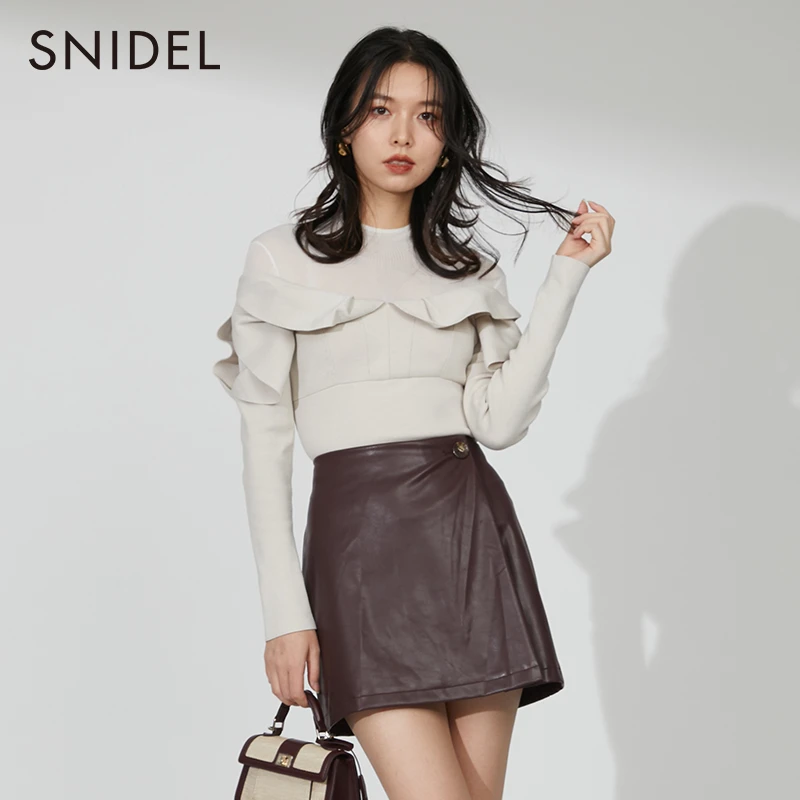 SNIDEL2022秋冬新品优雅高领泡泡袖压褶拼接针织衫SWNT224140