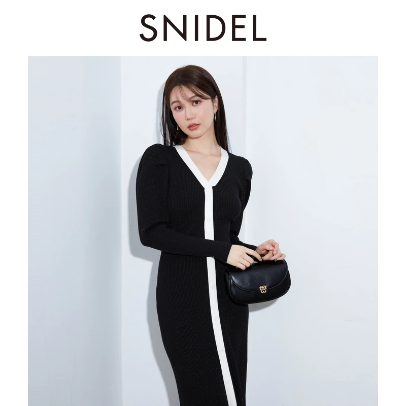 SNIDEL2024春夏新品优雅修身V领泡泡袖鱼尾针织连衣裙SWNO241048