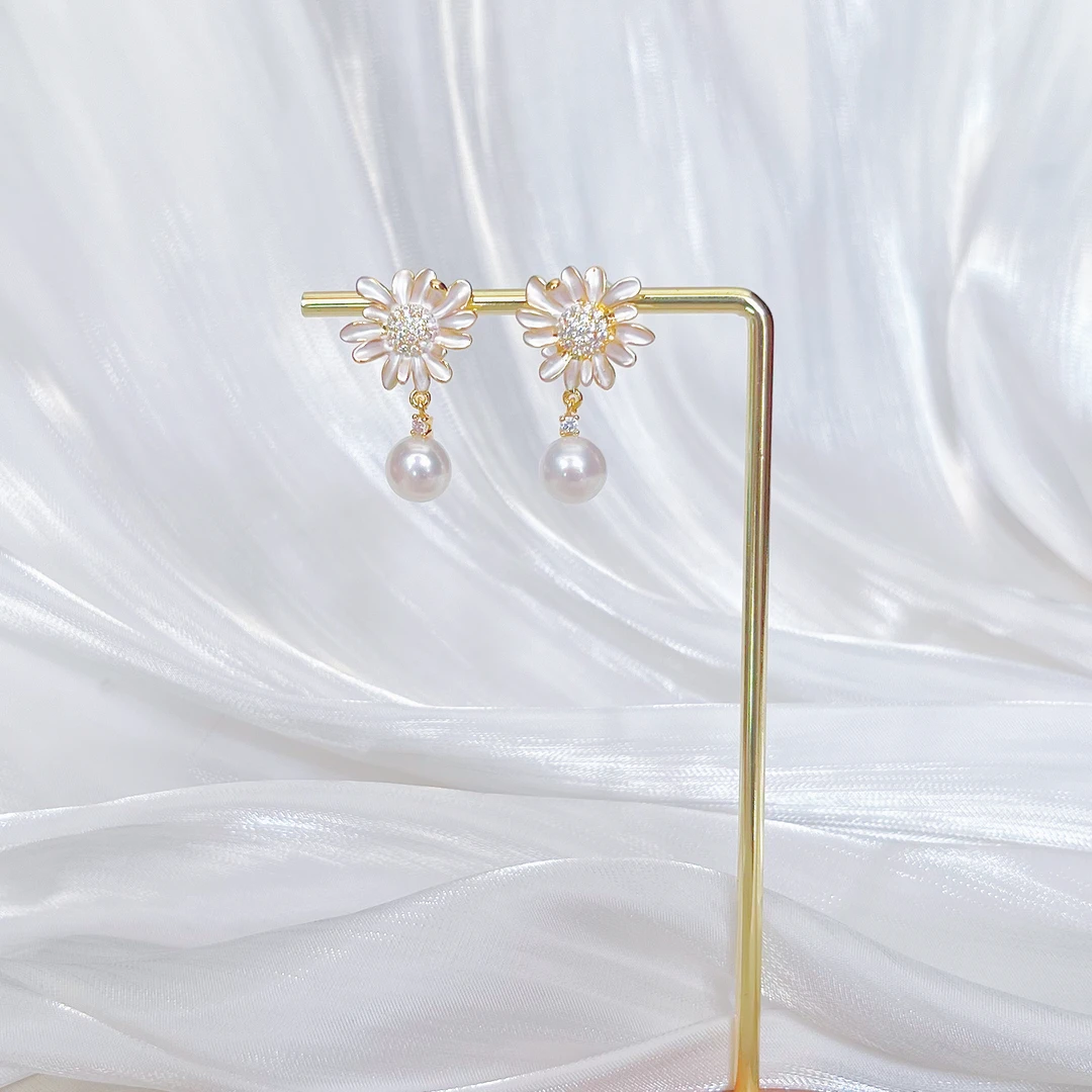 【8-9mm S925银针镀18K金】天然淡水珍珠耳饰雏菊SJ081