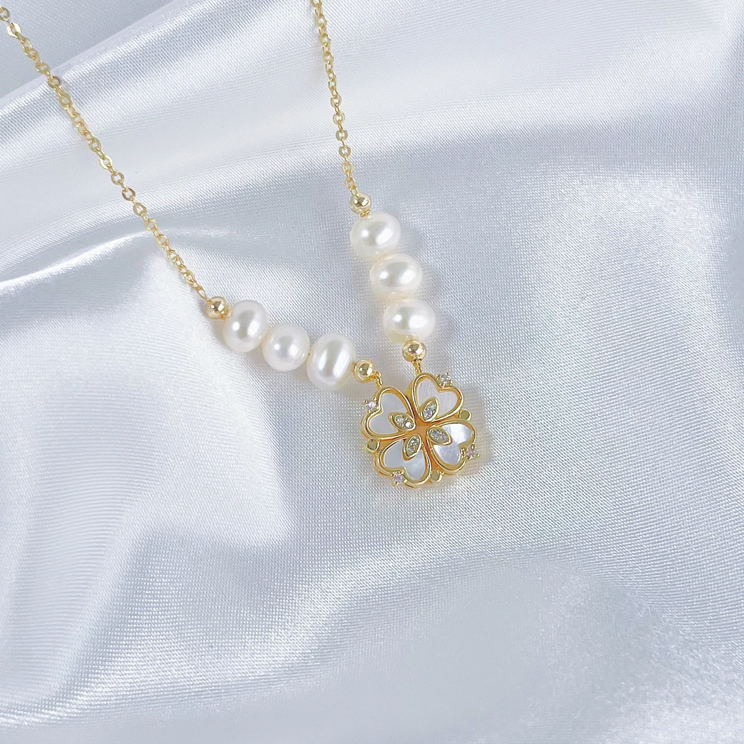 【7-8mm 镀18K金】淡水珍珠项链吊坠四叶草两戴FLX088