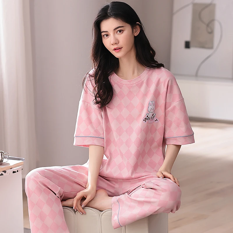 猫人菱形格长裤夏季居家家居服纯棉大码可外穿睡衣女套装薄款夏天