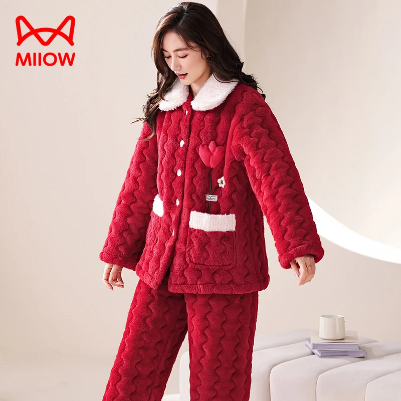 猫人珊瑚绒睡衣女冬季三层加厚加绒夹棉时尚柔软亲肤女士家居服