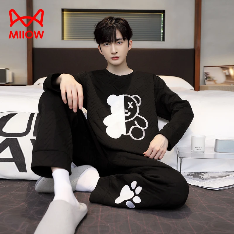 猫人秋冬夹层男士睡衣2025新款时尚休闲长袖长裤家居服可外穿套装