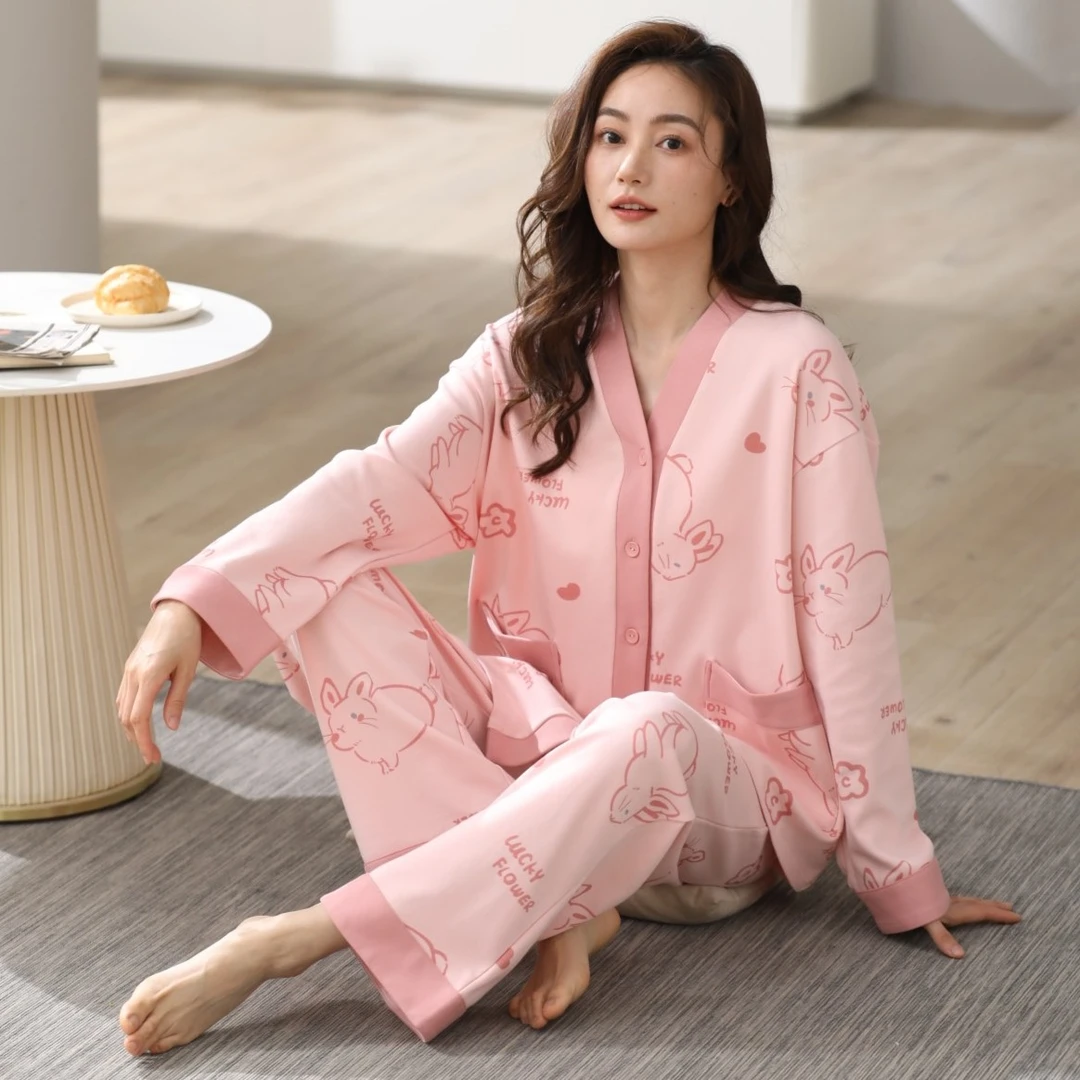 猫人2025春季粉色小兔睡衣女套装长袖长裤休闲睡衣家居服舒适宽松