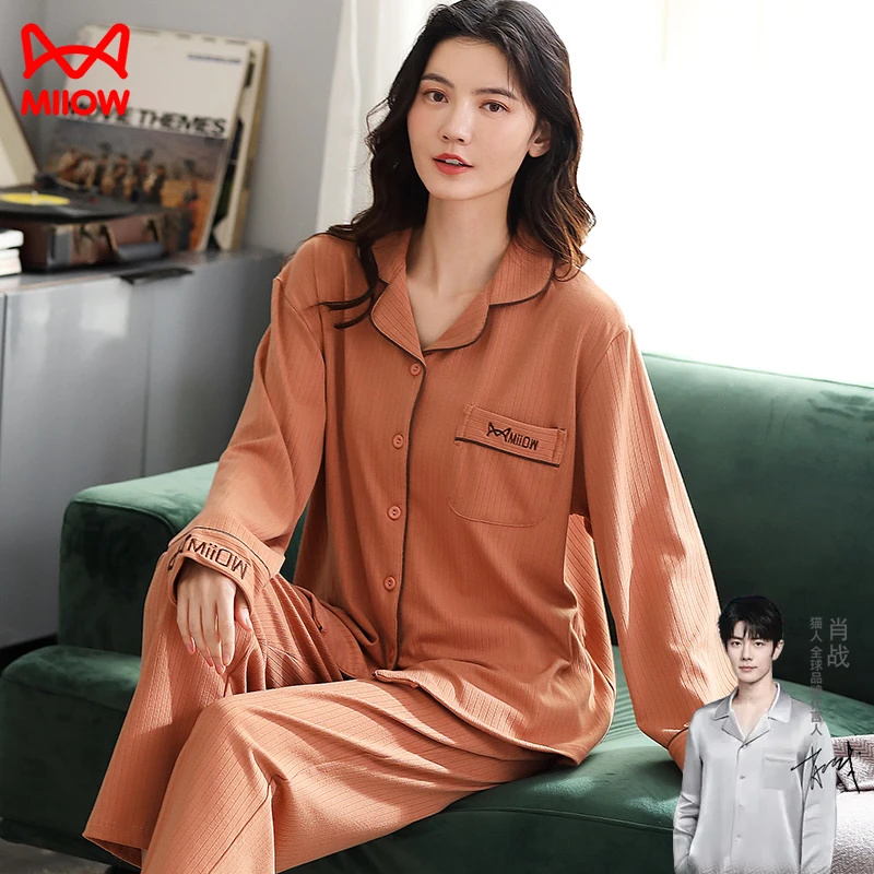 MiiOW/猫人2023春秋套装纯棉开衫简约情侣家居服套装可外穿6601