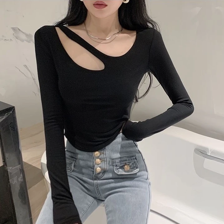 纯欲性感不规则t恤女秋季别致设计感辣妹短款上衣紧身打底衫内搭