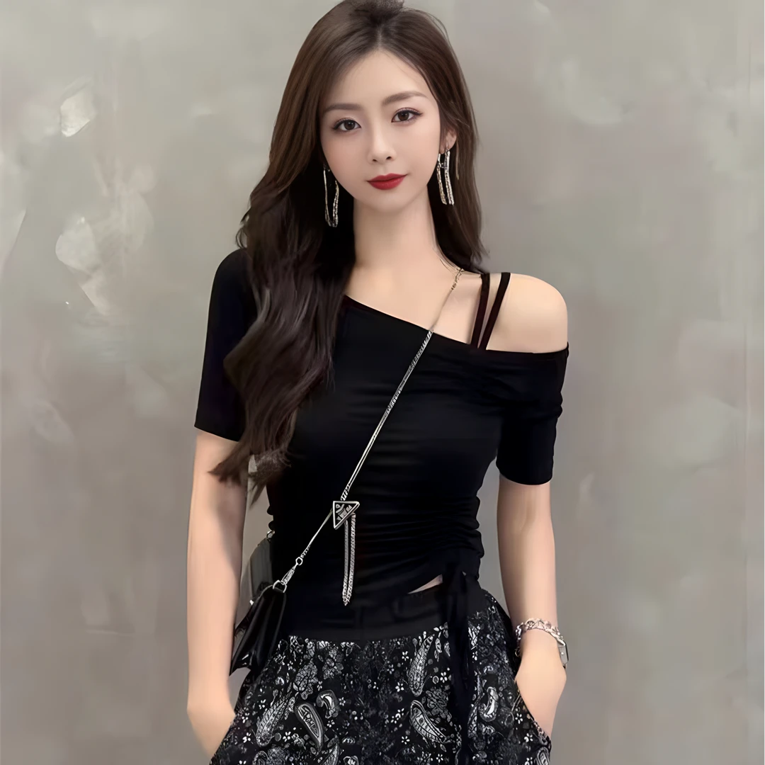 夏季短袖T恤女纯欲风辣妹高腰短款不规则抽绳一字肩上衣黑色显瘦