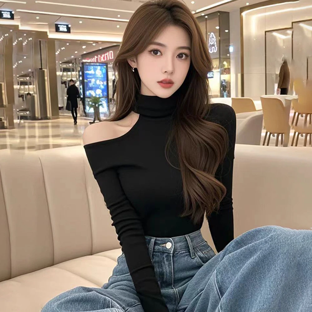 黑色镂空露肩上衣女纯欲风辣妹长袖t恤修身显瘦半高领内搭打底衫