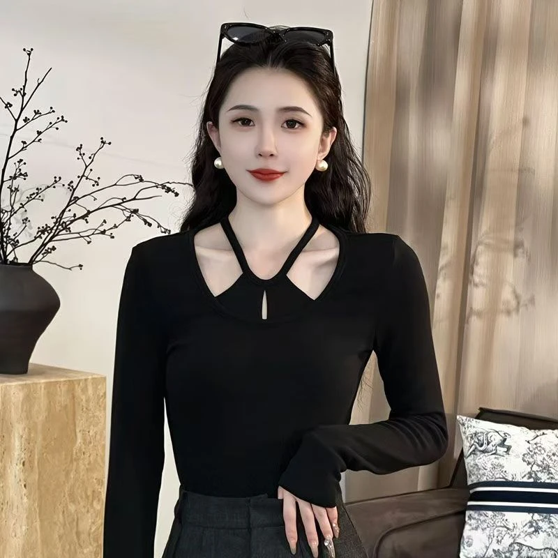 法式温柔风U领挂脖假两件拼接长袖T恤女早秋新款修身显瘦别致上衣