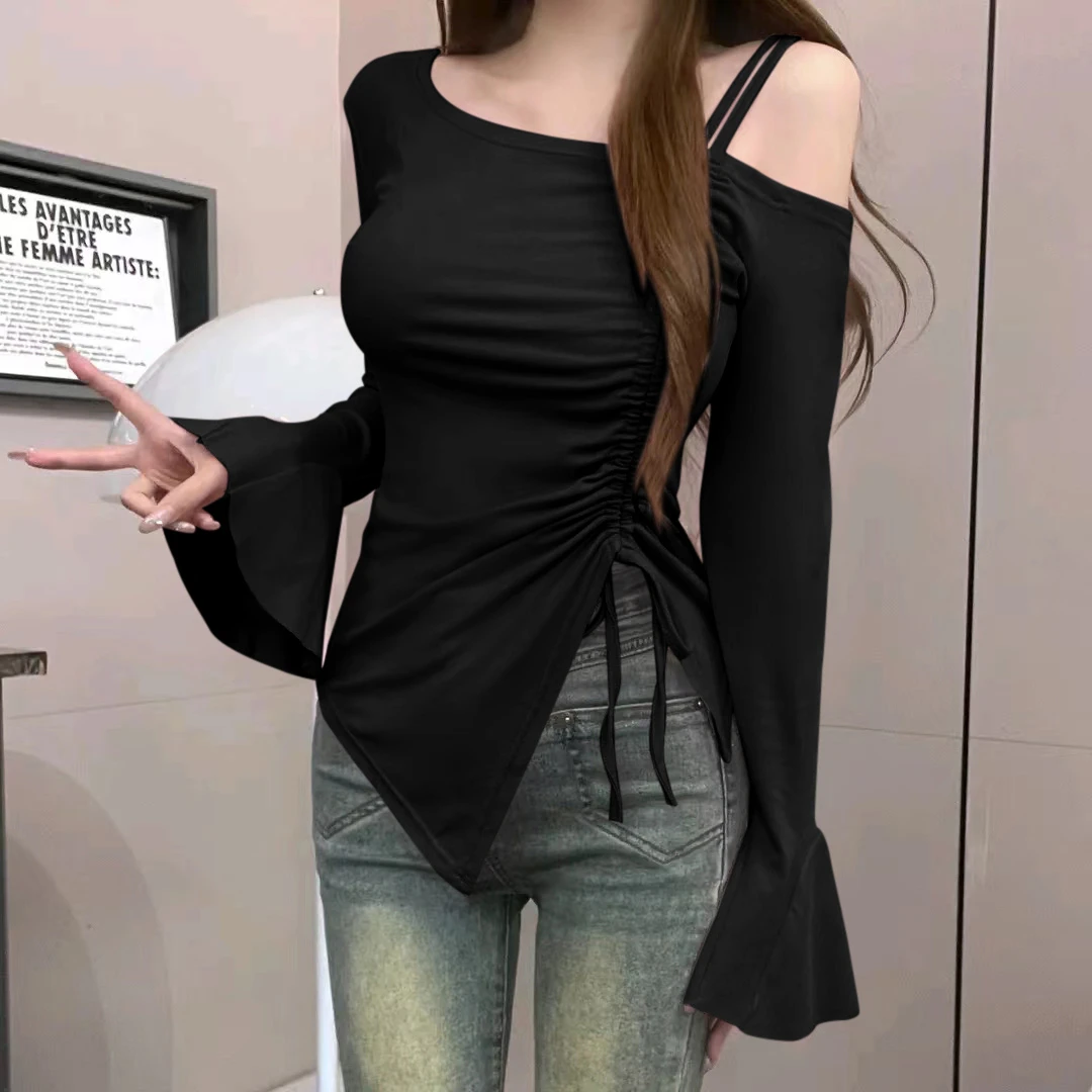 辣妹纯欲风气质时尚露肩上衣女不规则抽绳长袖t恤修身显瘦打底衫