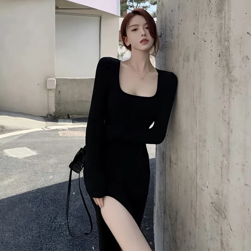 2023秋季新款高开叉裙子女性感方领连衣裙气质内搭显瘦打底裙包臀