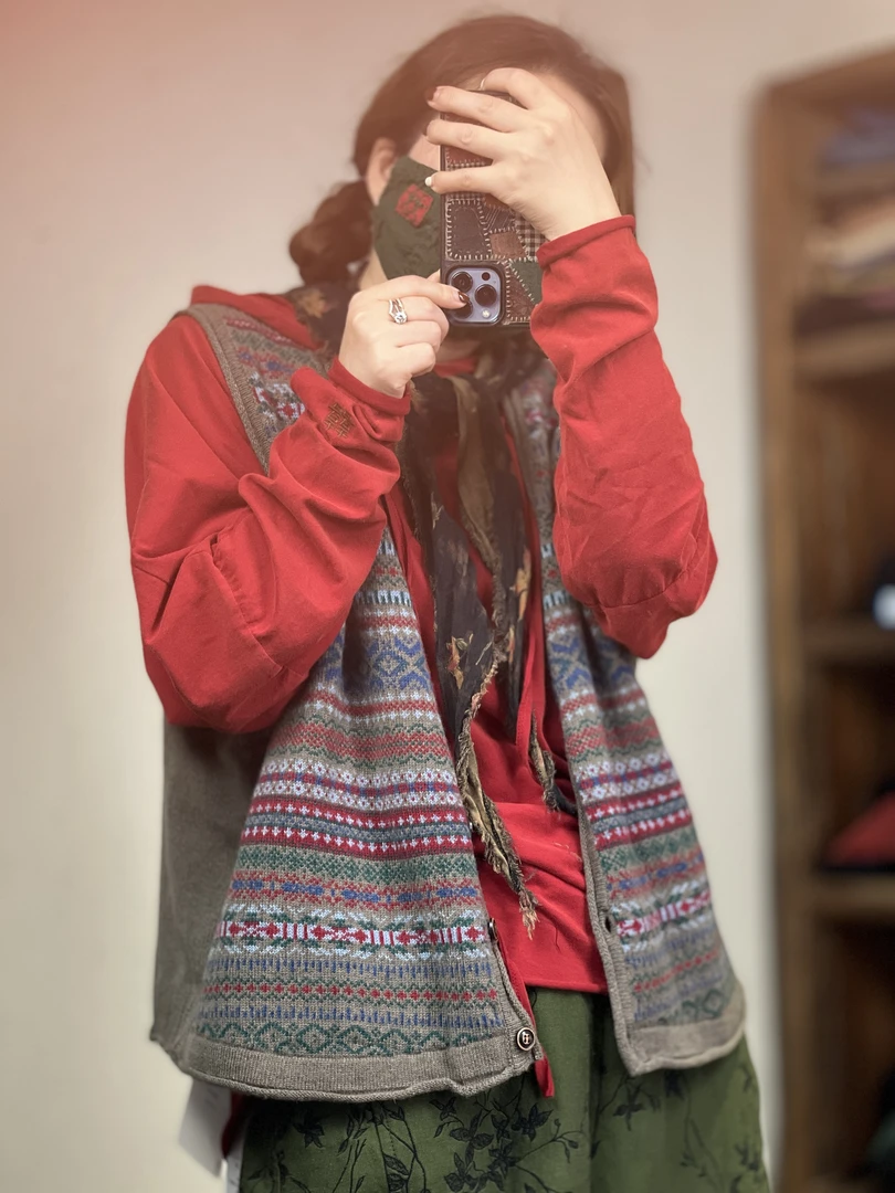 沐布衣手工坊23556复古羊毛提花条纹开衫马夹