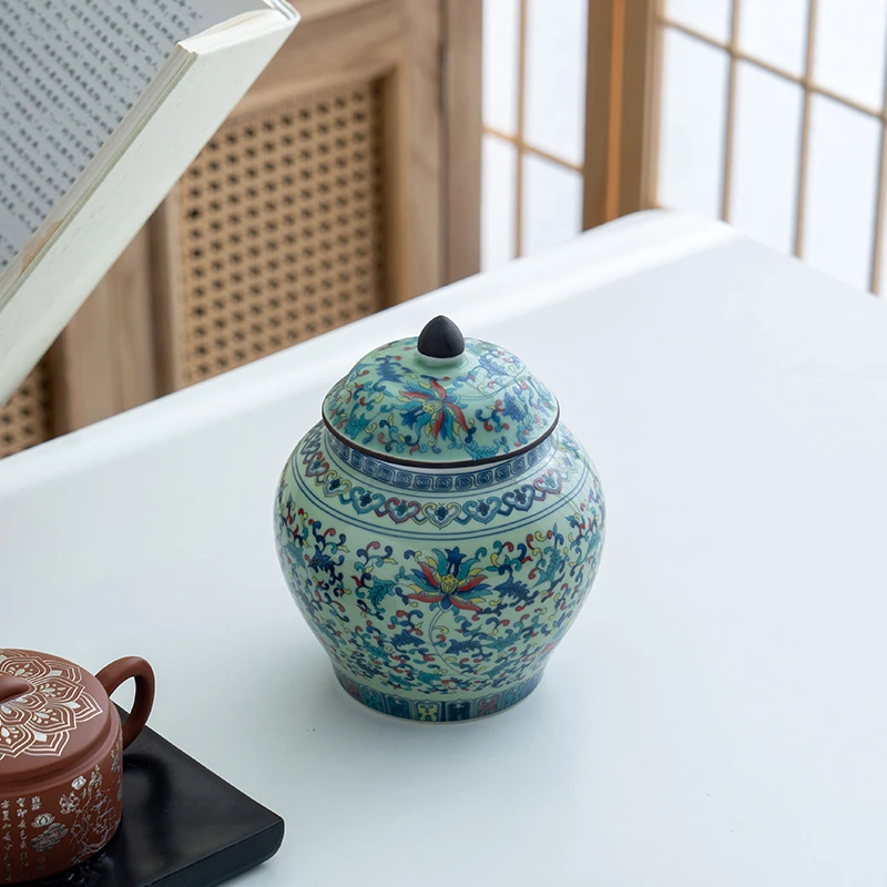 新款珐琅彩茶叶罐陶瓷缠枝莲储茶罐大号大容量复古密封防潮收纳罐