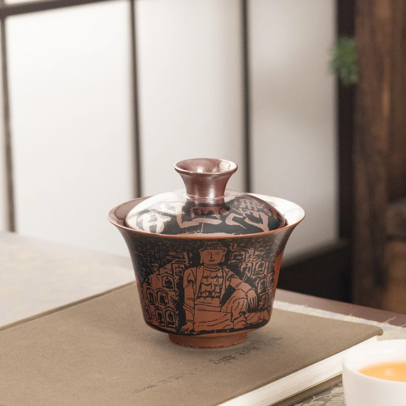 复古高亮柴烧全釉三才盖碗万佛自在心经功夫茶具陶瓷悬停泡茶碗