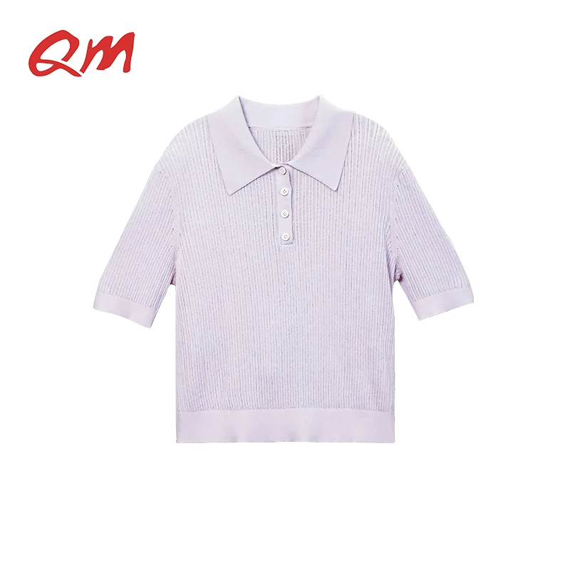 QM女短袖针织衫春季简约时尚修身短袖透气柔软薄款休闲百搭翻领