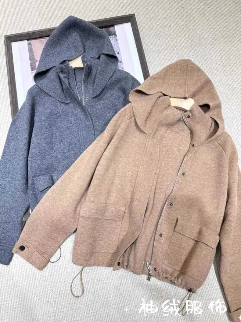 L*P同源24新款轻奢老钱风减龄连帽落肩显瘦羊绒外套针织拉链开衫