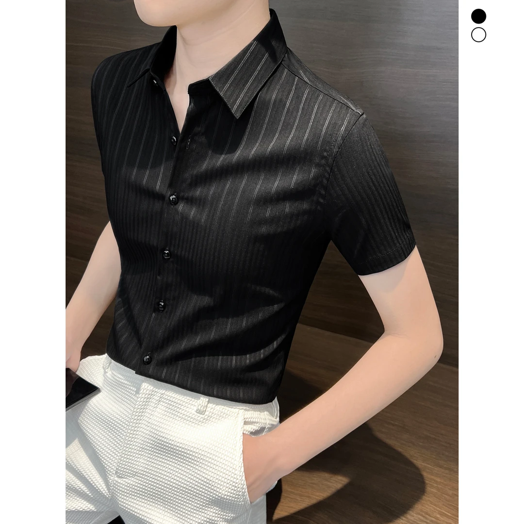 男士潮流条纹短袖衬衫夏季薄款时尚痞帅高级感修身休闲百搭衬衣男