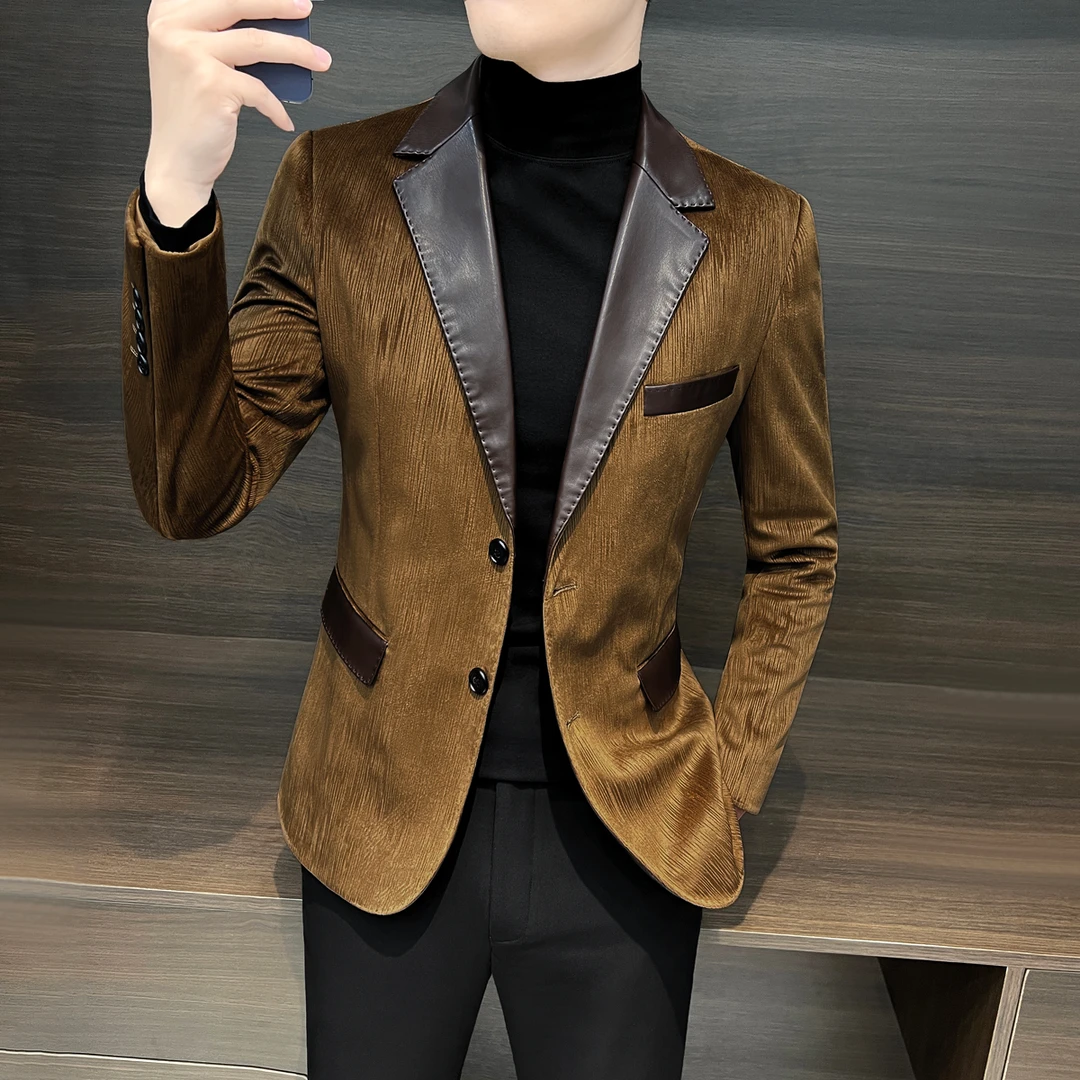 男士鹿皮绒西装爆款2025新款时尚英伦韩版休闲商务修身小西服单件