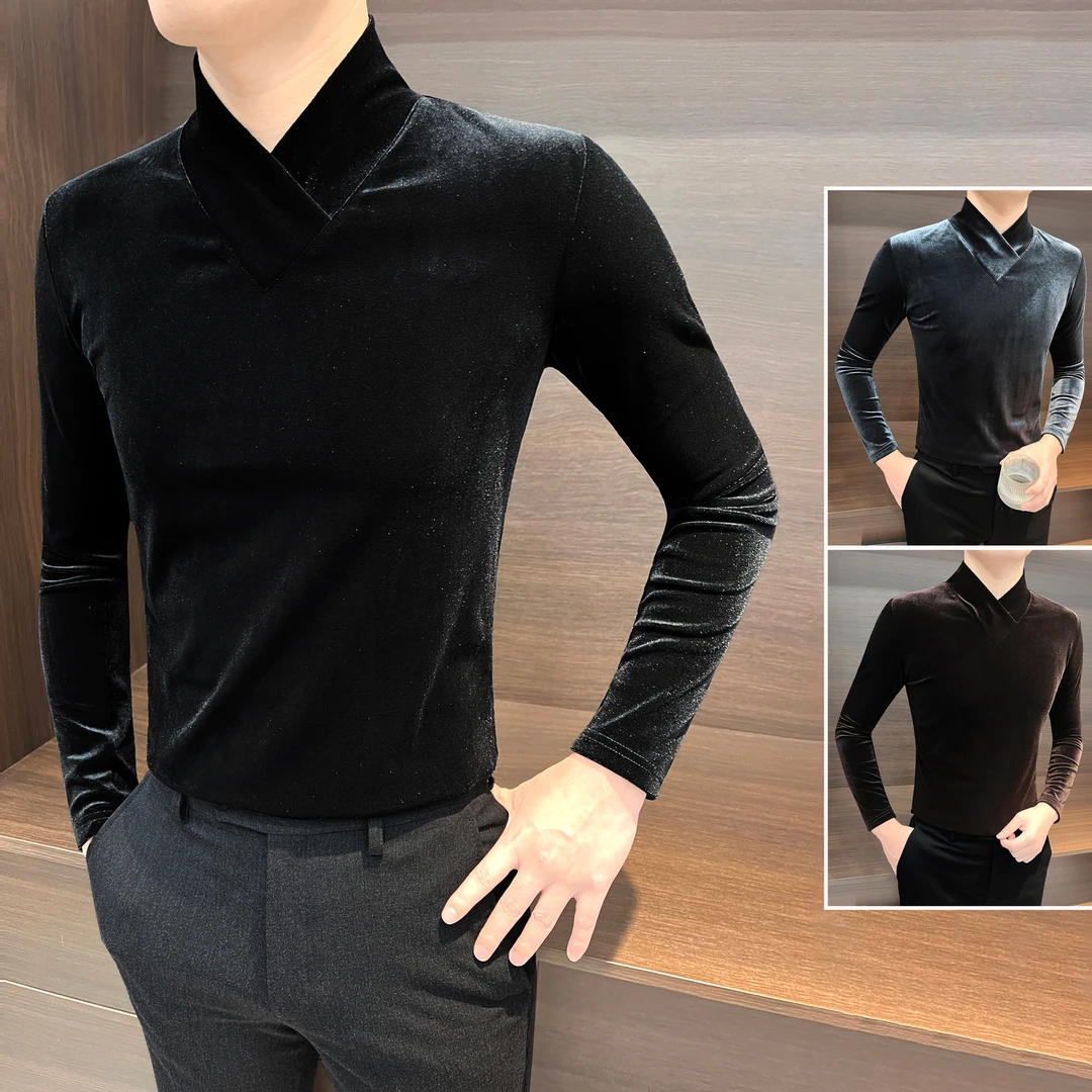 金丝绒打底衫男士2025网红潮款男装秋季修身新中式v领内搭长袖t恤